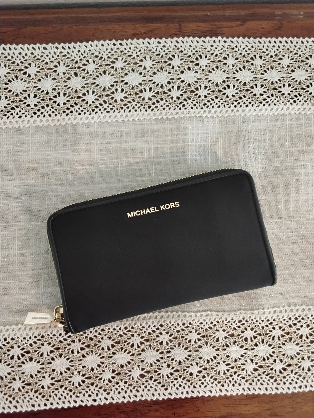 Michael Kors Black Leather Zip Wallet with Gold Logo